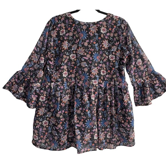 LABISA Women Tunic Top Long Ruffle Sleeves Embroidered Lined Sz L Black 5-7 - Picture 2 of 14